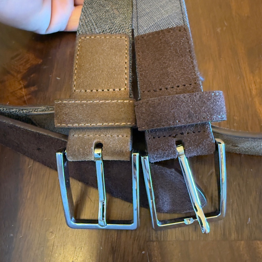The Tie Bar Mens Belt Lot 2 Suede Leather Wool Fabric Trim Grey Navy Size Small